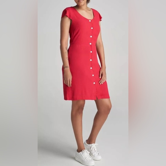 American Tall Slim Fit Cap Sleeve Red Button Front Dress S Tall - Picture 1 of 9